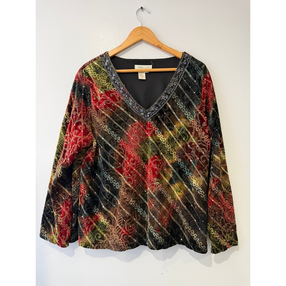 Coldwater Creek XL Burnout Velvet Sequin Beaded V-Neck Blouse Multi-Color Floral